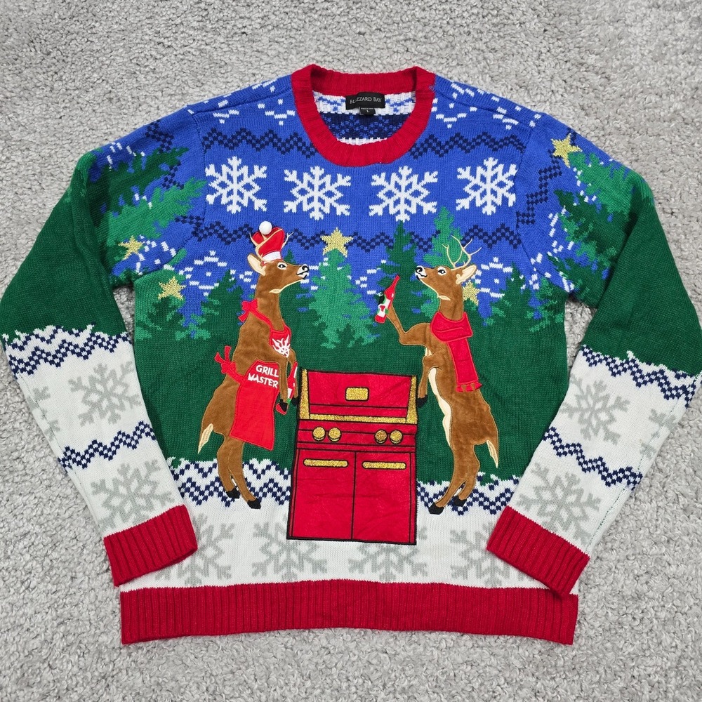 Blizzard Bay Men’s Ugly Christmas Sweater Size Large Reindeer Grill Master BBQ
